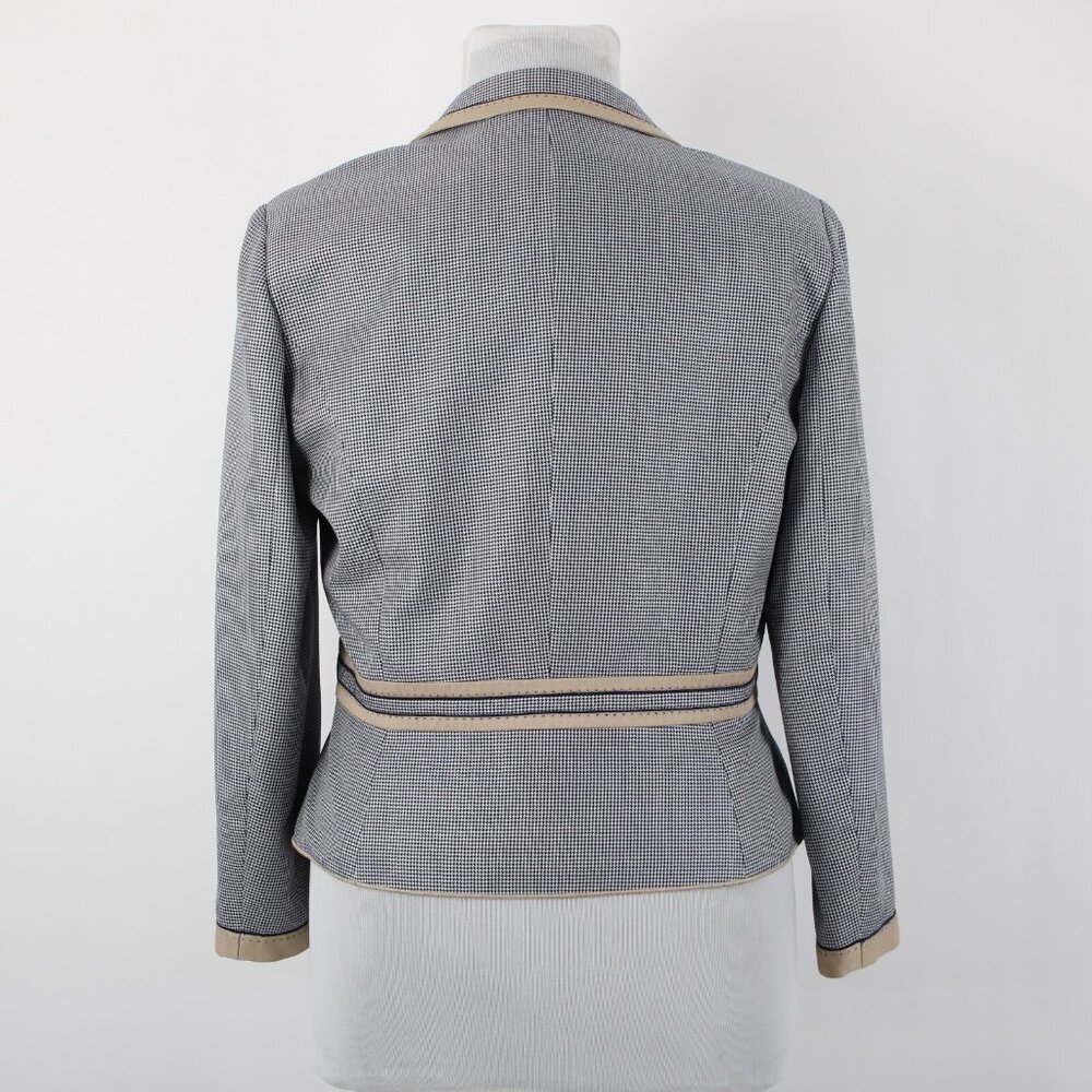 Carlisle Sz 16 Navy Blue White Brown Faux Pockets Lined Silk Wool Cotton Jacket - Picture 8 of 12